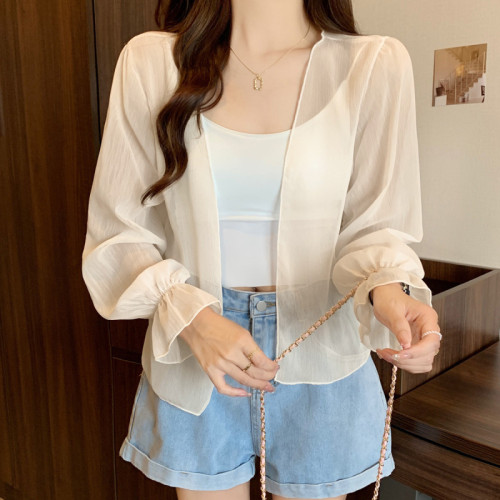 Quality inspection real shot sun protection clothing women's cardigan thin small outer trumpet long-sleeved waistcoat blouse shawl