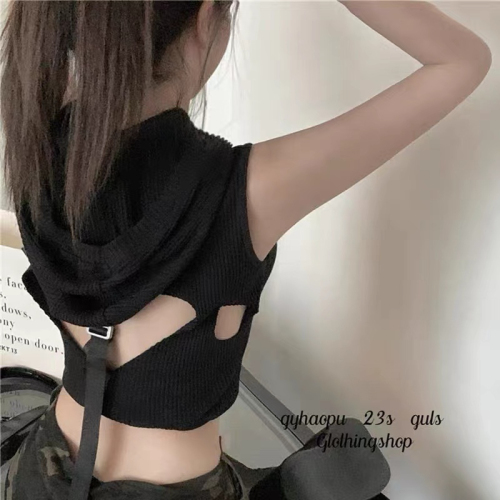 Unique and unique hollow backless hooded knitted sleeveless t-shirt for women who are pure and sweet, short style