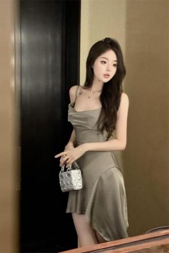 Actual shot and real price summer new pure lust hottie waist strap high-end sleeveless suspender satin dress for women