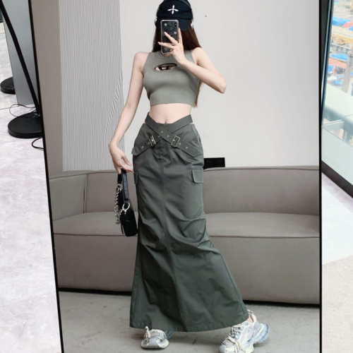 American design hot girl style niche cross belt workwear skirt women's fashion versatile slit long skirt trendy