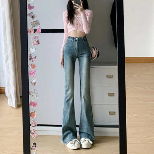 Micro-flared jeans women's new style raw edge elastic spring ins Korean style high-waisted loose slimming flared pants slightly flared