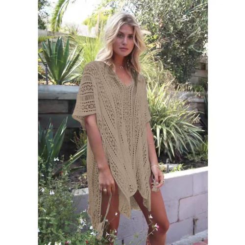 European and American V-neck vacation bikini swimsuit cover-up hollow crochet beach jacket loose long pullover beach skirt