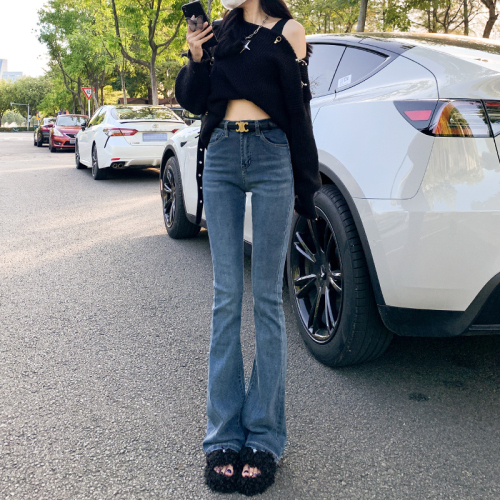 High-waisted slightly booted jeans for women 2024 spring new style small slim horseshoe loose slimming flared pants