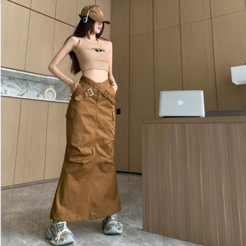 American design hot girl style niche cross belt workwear skirt women's fashion versatile slit long skirt trendy