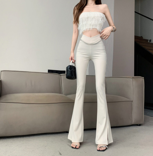 Designed V-shaped micro-flared suit pants for women 2024 new chain slit casual pants high-waisted slim floor-length pants