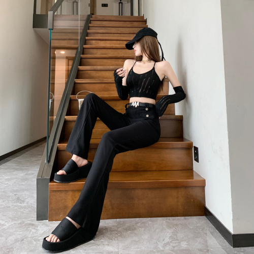 Black micro-flared overalls for women, new autumn wear, Korean style high-waisted, slim, versatile, floor-length casual pants for small people