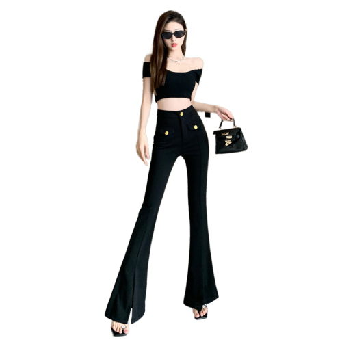 Xiaoxiangfeng slightly flared suit trousers for women in spring and summer slim-fitting floor-length trousers high-waisted and drapey narrow slit flared trousers