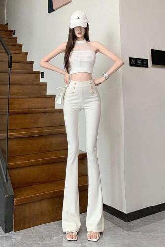 2024 early spring new style high-waisted bell-bottom pants for women, designed with slim fit and slim fit, floor-length horse-shoe pants