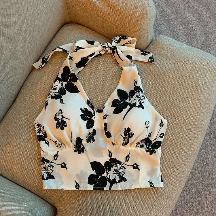 Summer new Korean style halterneck suspender flower vest for women niche sexy slim outer wear backless top with lower breast pads