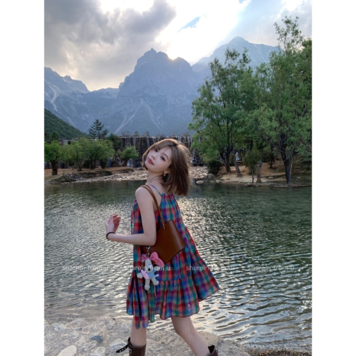 2024 New High-end Sexy Color Plaid Adjustable Contrast Color Doll Skirt Sleeveless Skirt