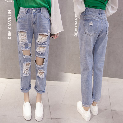 Ripped jeans for women, spring and summer new style, slim, casual, straight, loose, tall, nine-point pants, beggar pants, versatile and trendy