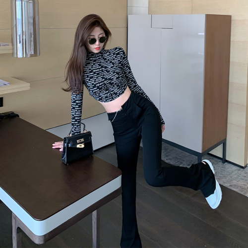 Actual shot of 2024 new black asymmetrical bell-bottom pants for women, high-waist casual, floor-length mopping horseshoe pants