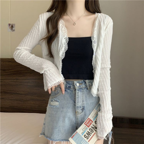 2024 Summer Outerwear V-neck Lace Versatile Sunscreen Knitted Cardigan for Women