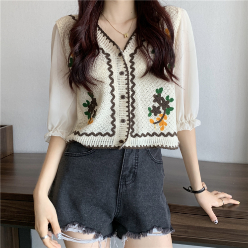 Korean style French embroidery design cardigan top