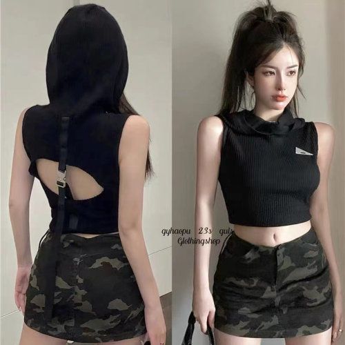 Unique and unique hollow backless hooded knitted sleeveless t-shirt for women who are pure and sweet, short style