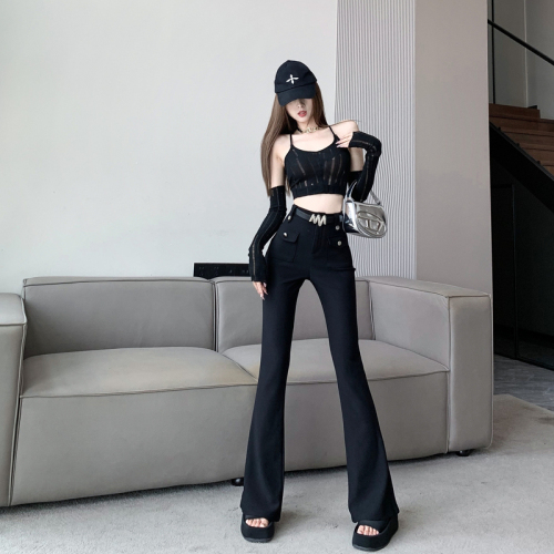 Black micro-flared overalls for women, new autumn wear, Korean style high-waisted, slim, versatile, floor-length casual pants for small people