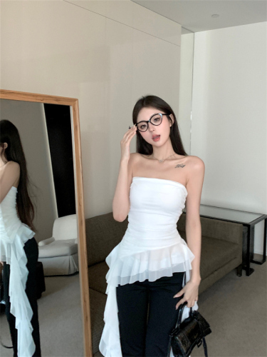 Real shots and real prices ~ Sexy pure desire irregular ruffled ribbon design tube top pleats slim hot girl trendy top