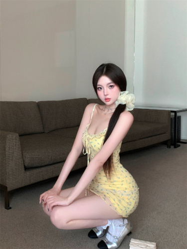 Actual shot and real price ~ Pure lust style floral dress for women summer sweet and spicy yellow suspender skirt slimming small fresh short skirt