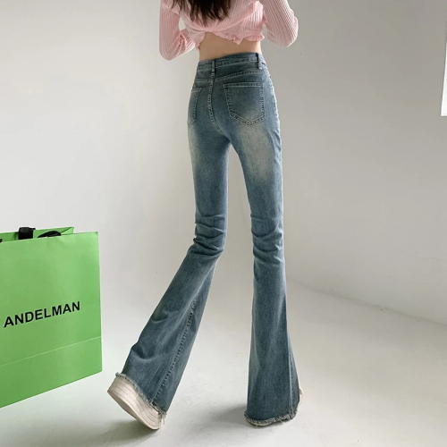 Micro-flared jeans women's new style raw edge elastic spring ins Korean style high-waisted loose slimming flared pants slightly flared