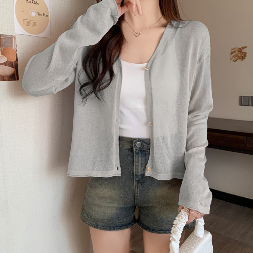 Quality inspection real shot v-neck knitted cardigan jacket women's short shawl top with suspender skirt blouse summer