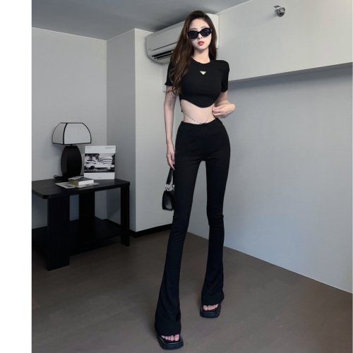 2024 new design chain embellished low-waist horseshoe trousers slim casual slimming boot-flare trousers