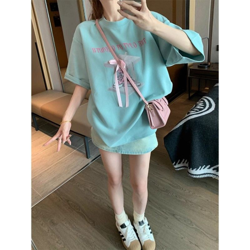 Summer design round neck short-sleeved T-shirt, pure cotton shoulder collar, printing + three-dimensional butterfly accessories