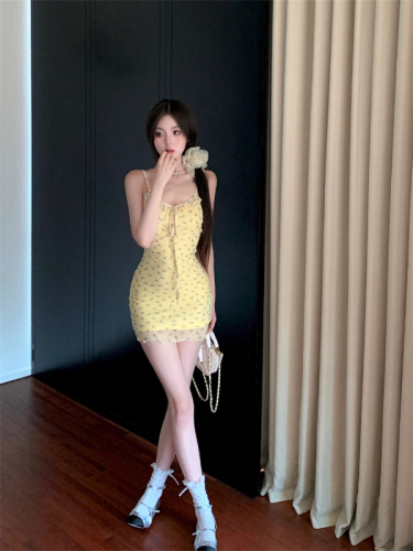 Actual shot and real price ~ Pure lust style floral dress for women summer sweet and spicy yellow suspender skirt slimming small fresh short skirt