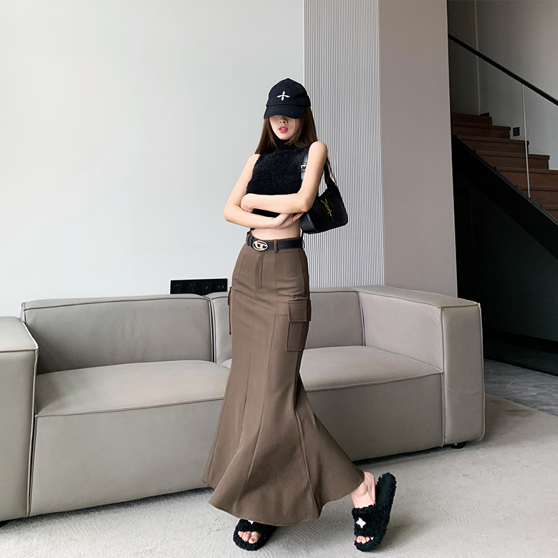 Suit skirt for women in early autumn new style drapey and versatile high-waist slim workwear pocket fishtail slit skirt