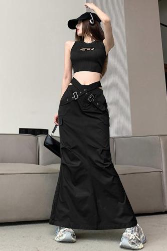 American design hot girl style niche cross belt workwear skirt women's fashion versatile slit long skirt trendy