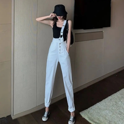 White one-shoulder denim overalls for women Korean style loose straight wide leg long pants spring 2024 new fashion trend
