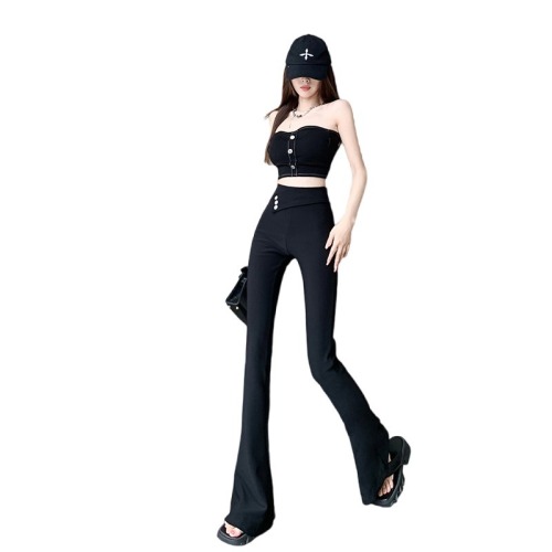 Niche design oblique waist sealing diamond button micro-flare pants for women spring and summer new black slimming versatile casual pants and trousers