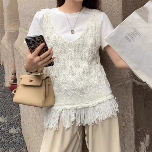 Spring and summer new style retro fashionable hollow tassel sweater vest for women layered camisole outer top