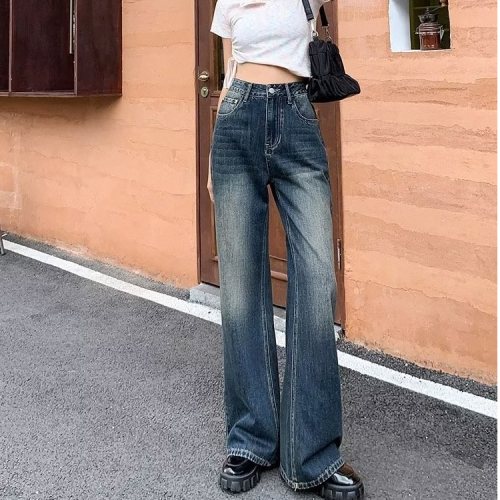 American high street ins trend 2024 new autumn and winter retro loose straight wide leg jeans women's floor mopping pants