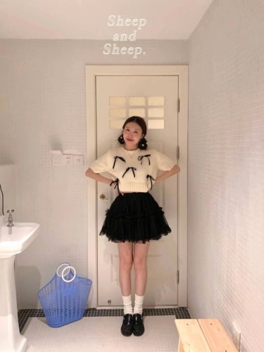 Bow short sweater for women spring and autumn 2024 new sweet girly lazy style knitted top