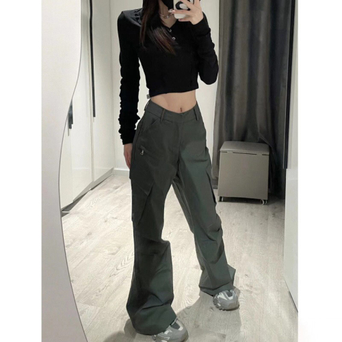Official picture of dark gray American sweet and cool high-waisted straight overalls for women with slim design and casual pants for women