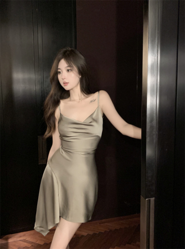 Actual shot and real price summer new pure lust hottie waist strap high-end sleeveless suspender satin dress for women