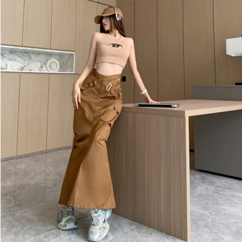 American design hot girl style niche cross belt workwear skirt women's fashion versatile slit long skirt trendy