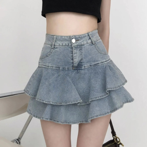 Light color denim short skirt for women summer 2024 new anti-exposure pleated skirt high waist hip ruffle skirt