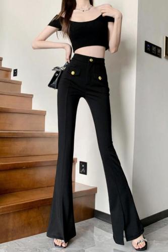 Xiaoxiangfeng slightly flared suit trousers for women in spring and summer slim-fitting floor-length trousers high-waisted and drapey narrow slit flared trousers