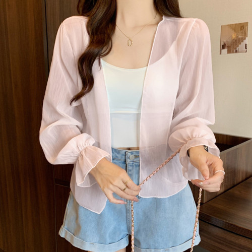 Quality inspection real shot sun protection clothing women's cardigan thin small outer trumpet long-sleeved waistcoat blouse shawl
