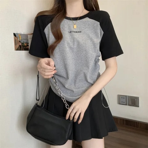 Official picture ice silk thread short-sleeved T-shirt women's loose drawstring embroidered top summer