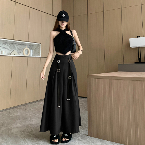Fashionable new autumn niche design dark high-end skirt with retro belt A-line version slimming long skirt
