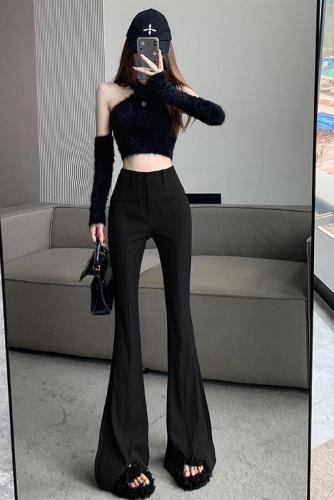 2024 Early Autumn New Hong Kong Style Retro High Waist Slim Suit Pants Irregular Design Slightly Flared Long Pants