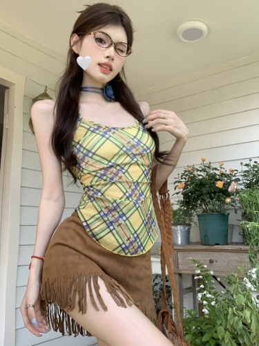 Actual price, real shot, American retro plaid Thai style small camisole for women to wear irregular French sweet hottie top