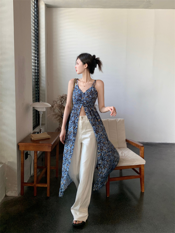 Real shots and real prices ~ Retro high-end printed dress 2023 new temperament slimming waist slit suspender skirt