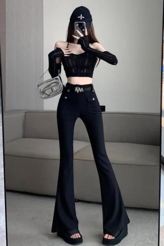 Black micro-flared overalls for women, new autumn wear, Korean style high-waisted, slim, versatile, floor-length casual pants for small people