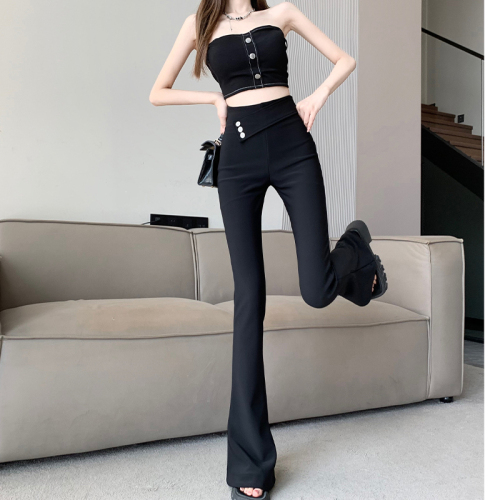 Niche design oblique waist sealing diamond button micro-flare pants for women spring and summer new black slimming versatile casual pants and trousers