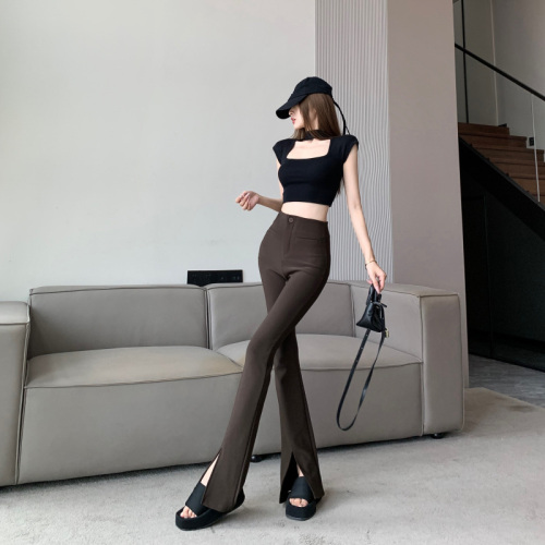 Brown slightly flared trousers for women in early autumn new high-waisted slit slim slim horse hoof pants casual suit trousers
