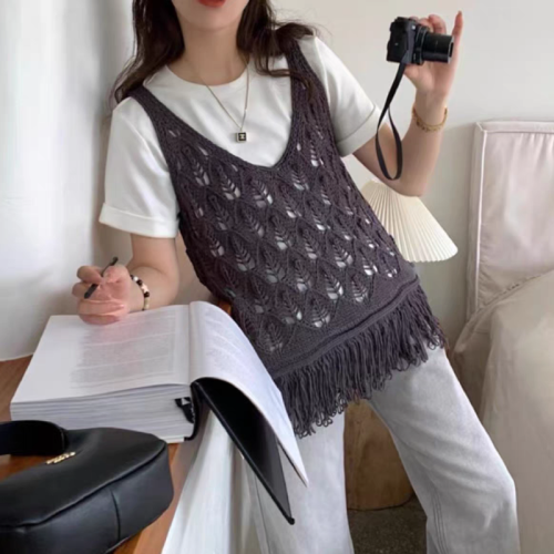 Spring and summer new style retro fashionable hollow tassel sweater vest for women layered camisole outer top