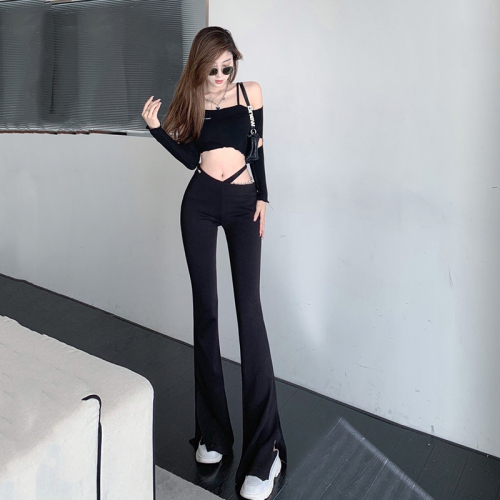 Fashion new black chain hollow slit micro-flared pants for women 2024 early spring sexy slimming horseshoe trousers